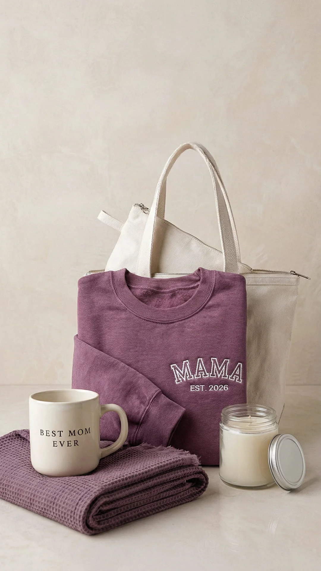 Best Mom Ever Varsity Gift Box | Personalized Mama Est. Sweatshirt, Tote, Mug, Candle, Accessory Pouch & Waffle Throw - Image 10