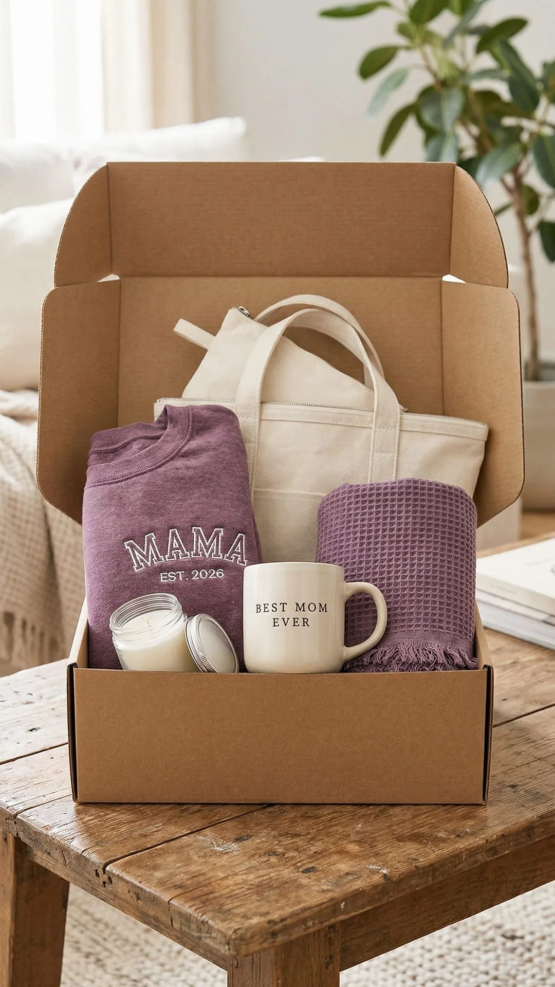 Best Mom Ever Varsity Gift Box | Personalized Mama Est. Sweatshirt, Tote, Mug, Candle, Accessory Pouch & Waffle Throw - Image 13