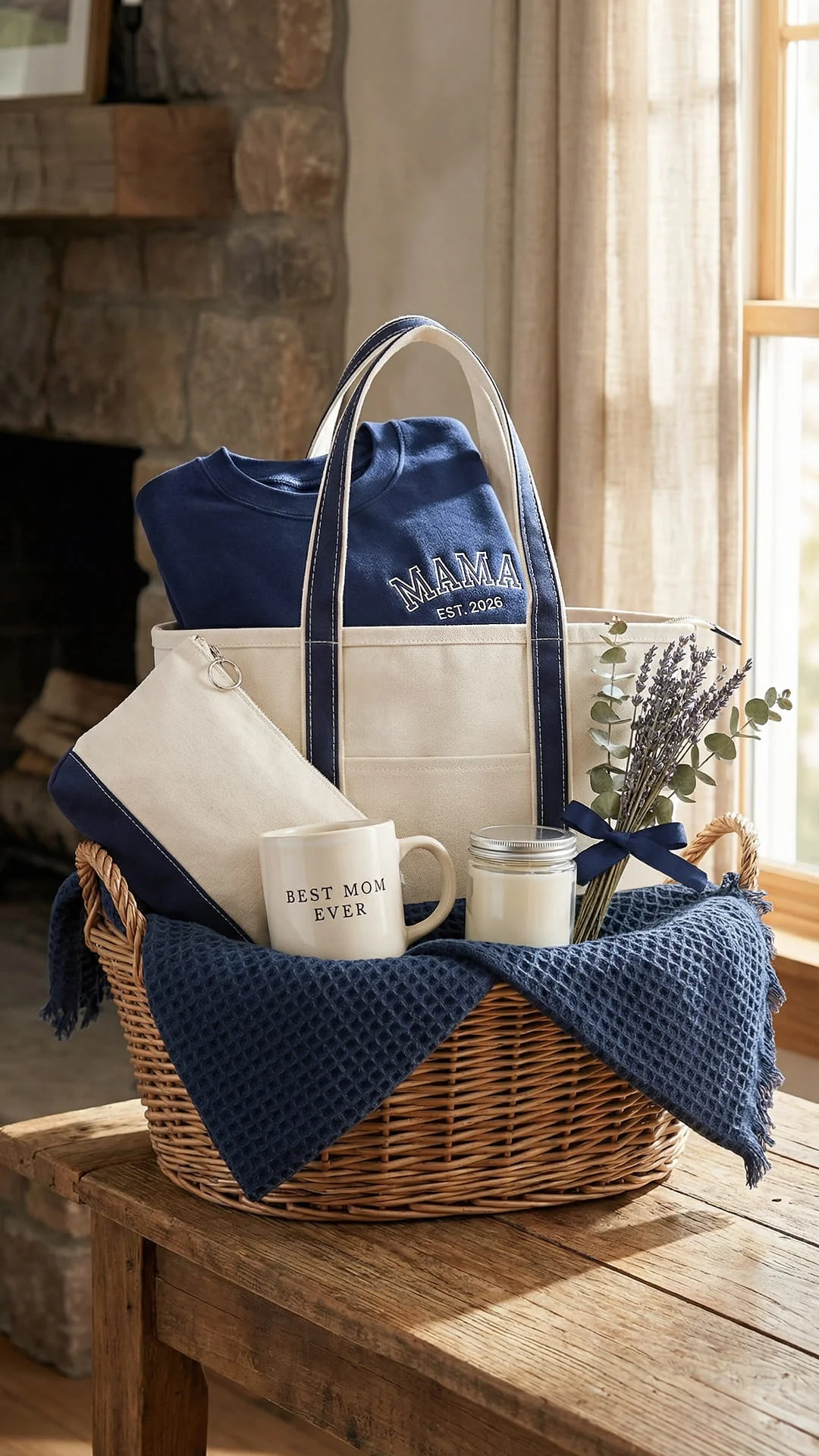 Best Mom Ever Varsity Gift Box | Personalized Mama Est. Sweatshirt, Tote, Mug, Candle, Accessory Pouch & Waffle Throw - Image 4