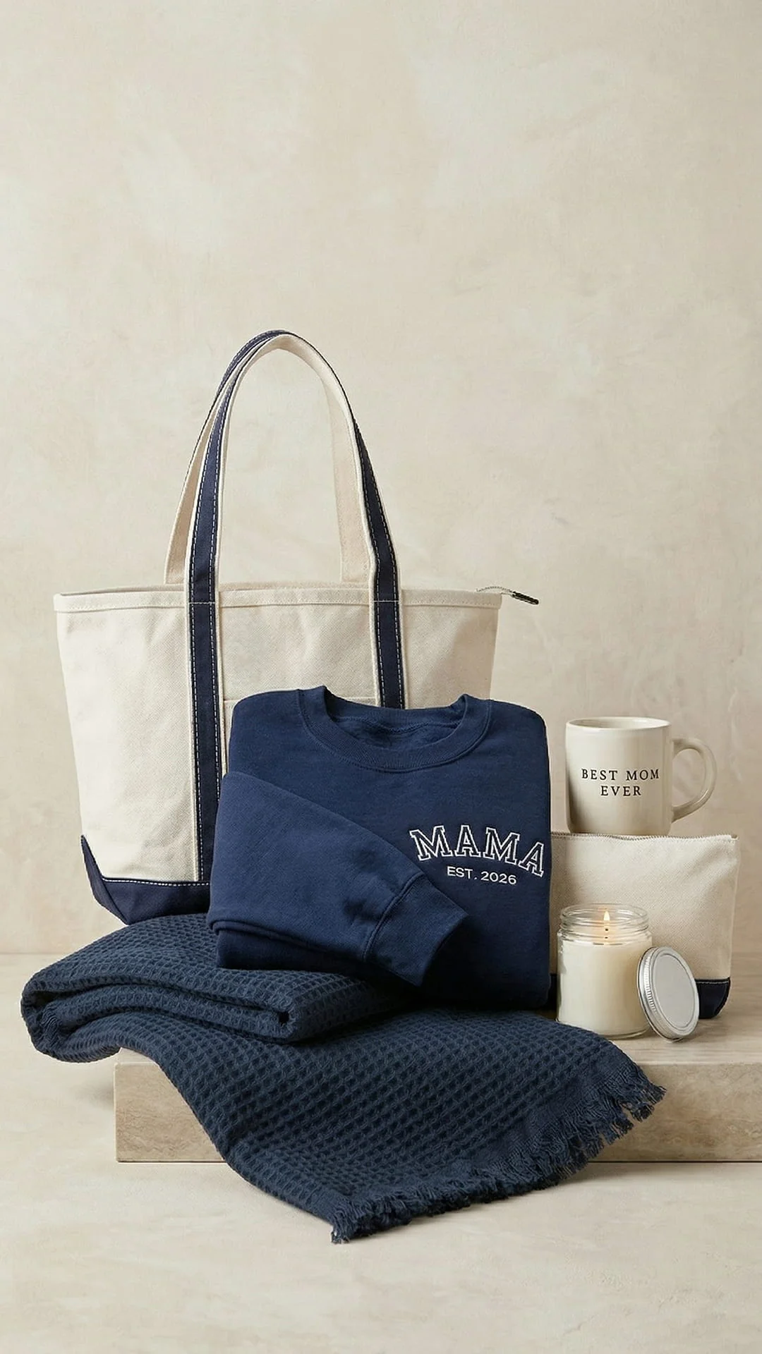 Best Mom Ever Varsity Gift Box | Personalized Mama Est. Sweatshirt, Tote, Mug, Candle, Accessory Pouch & Waffle Throw - Image 6