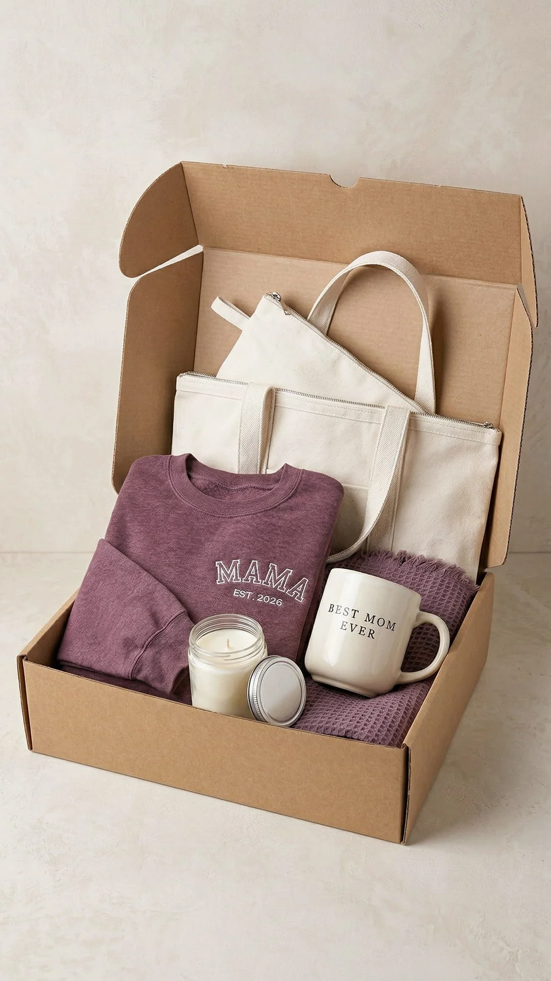 Best Mom Ever Varsity Gift Box | Personalized Mama Est. Sweatshirt, Tote, Mug, Candle, Accessory Pouch & Waffle Throw - Image 9