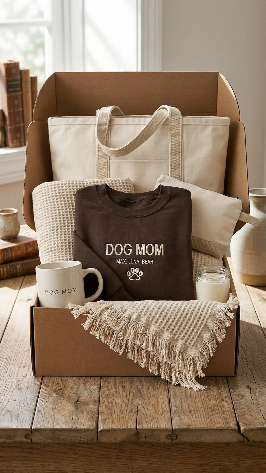 Dog Mom Gift Box | Personalized Pet's Name Sweatshirt, Tote, Mug, Candle, Accessory Pouch & Waffle Throw - Image 10